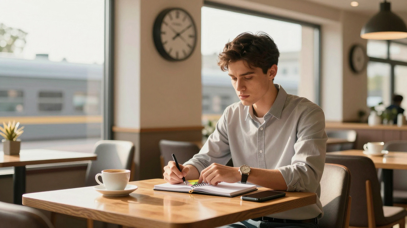 Junger Mann sitzt in Café und schreibt konzentriert in Notizbuch, neben ihm Kaffee und Smartphone.