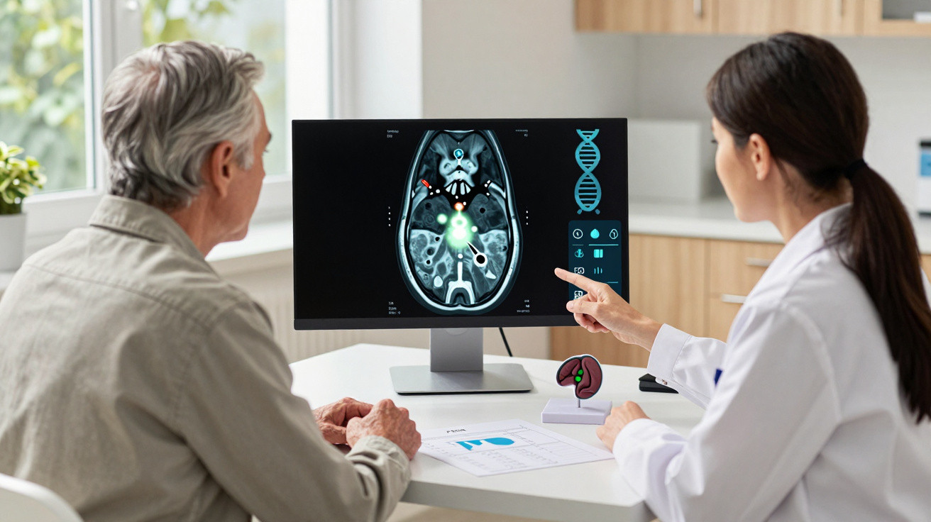 Ärztin erklärt älterem Patienten Gehirnscan mit digitalen Markierungen auf Computermonitor im Untersuchungszimmer.