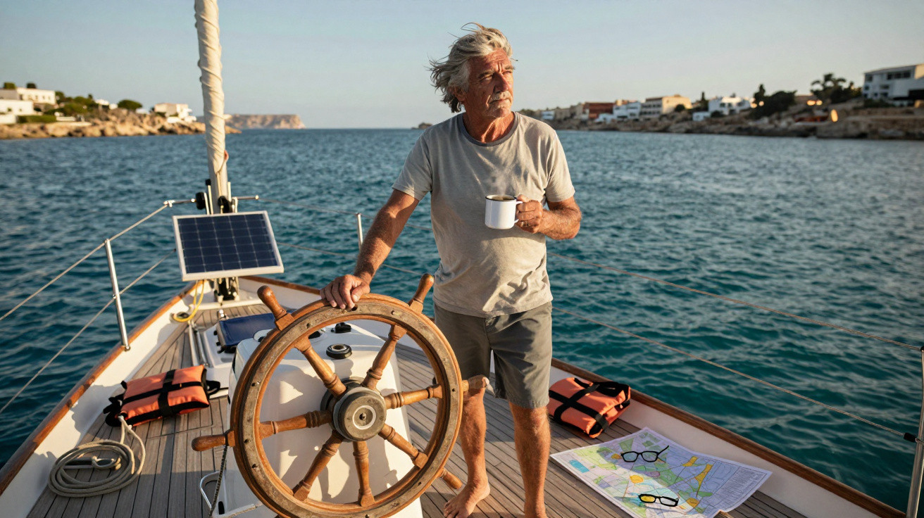 Älterer Mann steht an Steuerrad auf Segelboot, hält Tasse, mit Karte und Küste im Hintergrund.