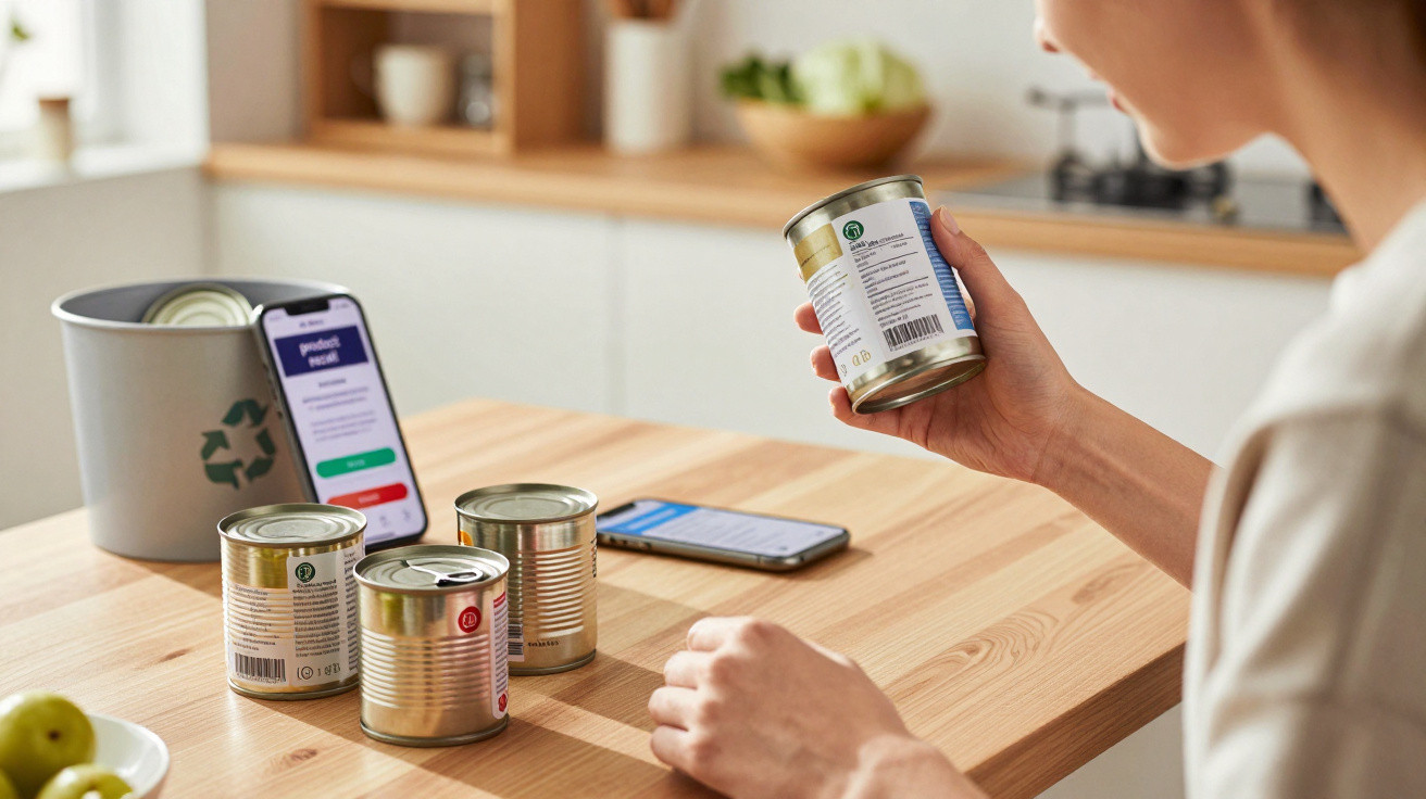 Person liest Barcodes auf Konservendosen mit Hilfe einer App zur Produktprüfung am Küchentisch.