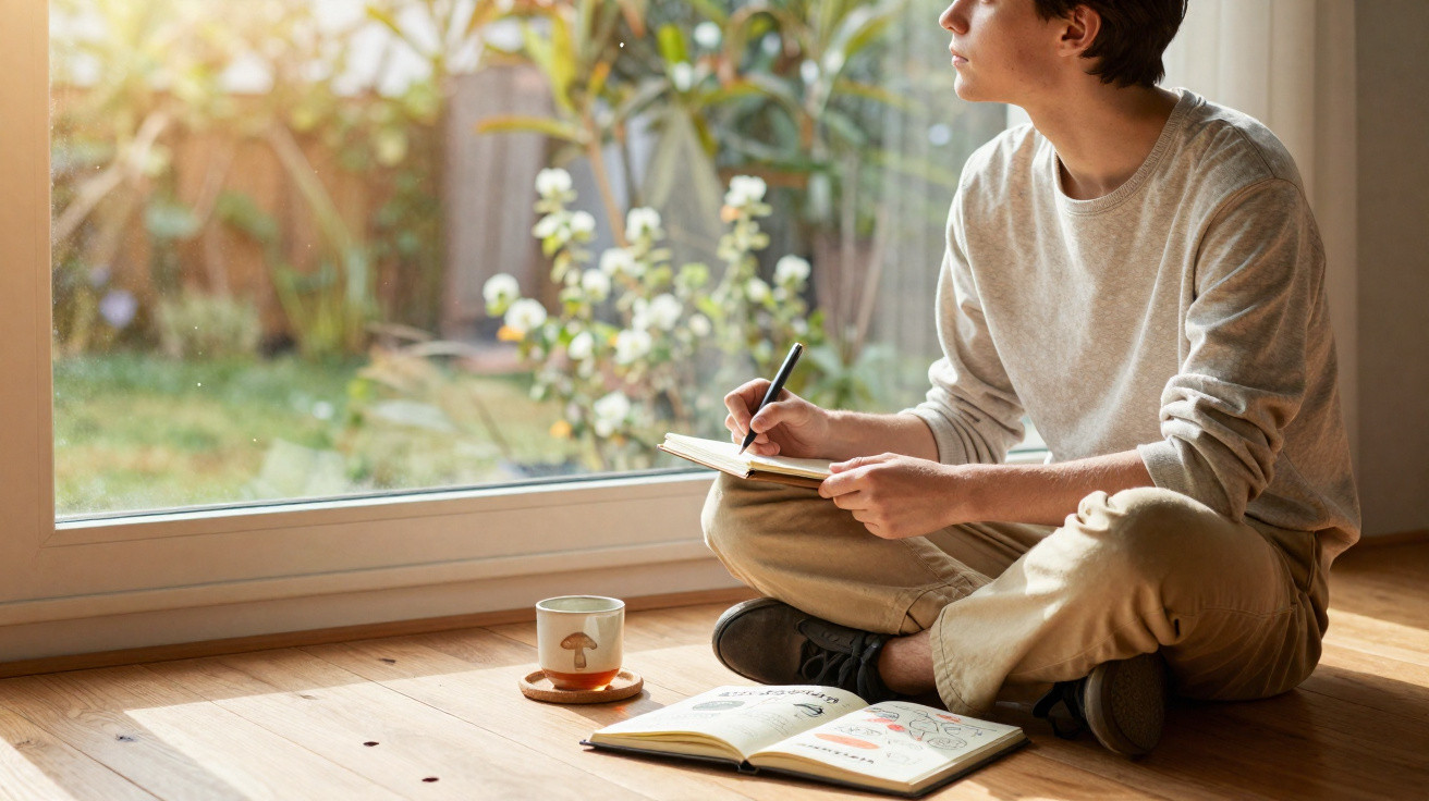 Junge Person sitzt am Fenster auf Holzboden, schreibt im Notizbuch, Buch und Tasse stehen daneben.