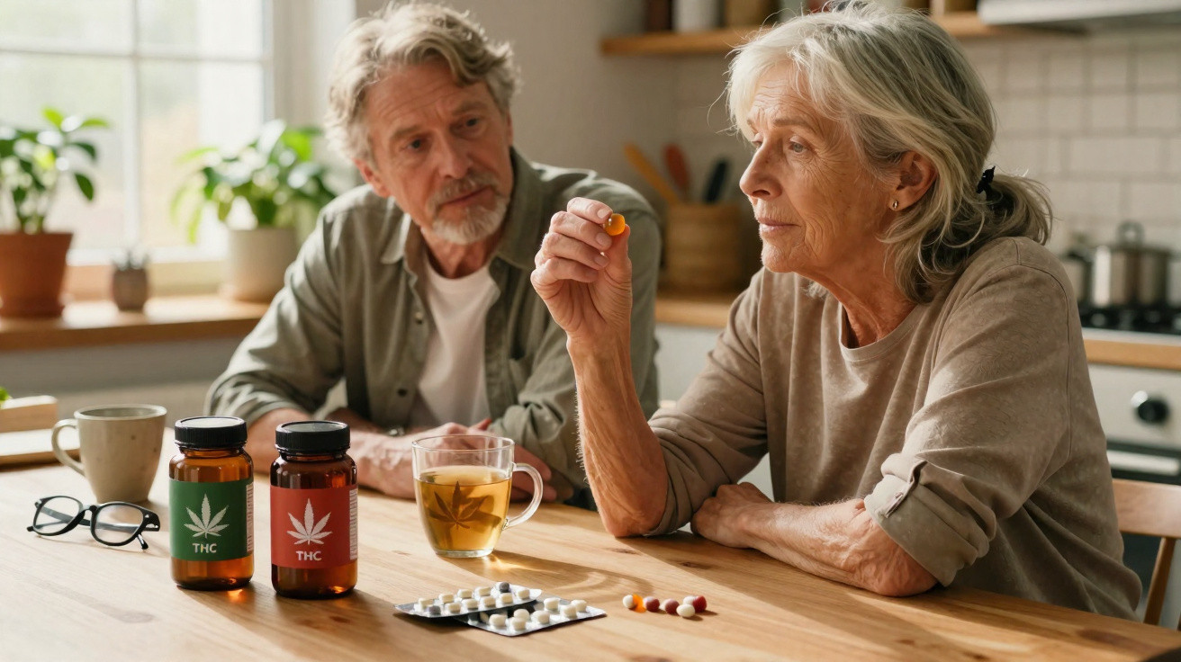 Älteres Paar am Küchentisch, Frau hält eine Kapsel, zwei Flaschen mit THC-Label und Tabletten liegen auf dem Tisch.