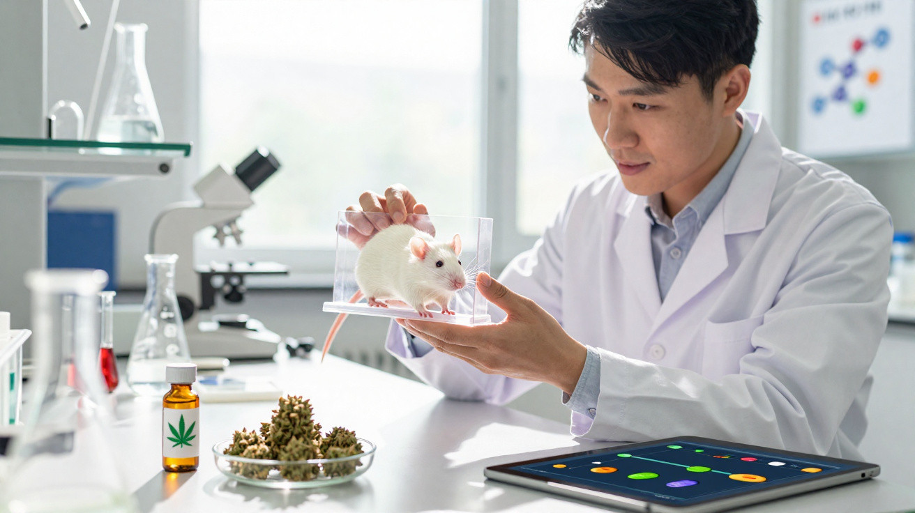 Wissenschaftler im Labor untersucht weiße Laborratte mit Cannabisblüten und Flasche auf dem Tisch.