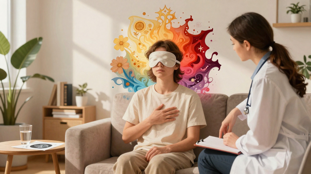 Jugendlicher mit Augenbinde bei Achtsamkeitsübung, Psychologin beobachtet, bunte kreative Grafik im Hintergrund.