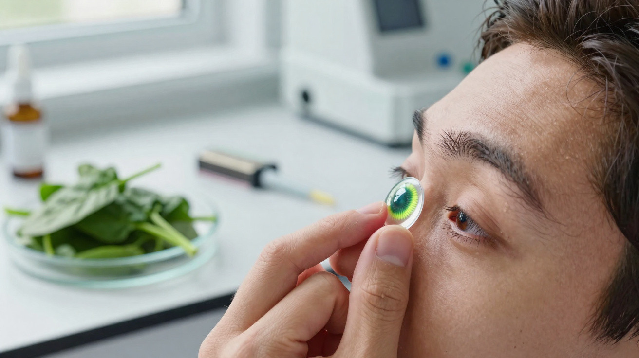 Mann setzt grüne farbige Kontaktlinse ins Auge vor hellem Hintergrund mit Schüssel Spinat.