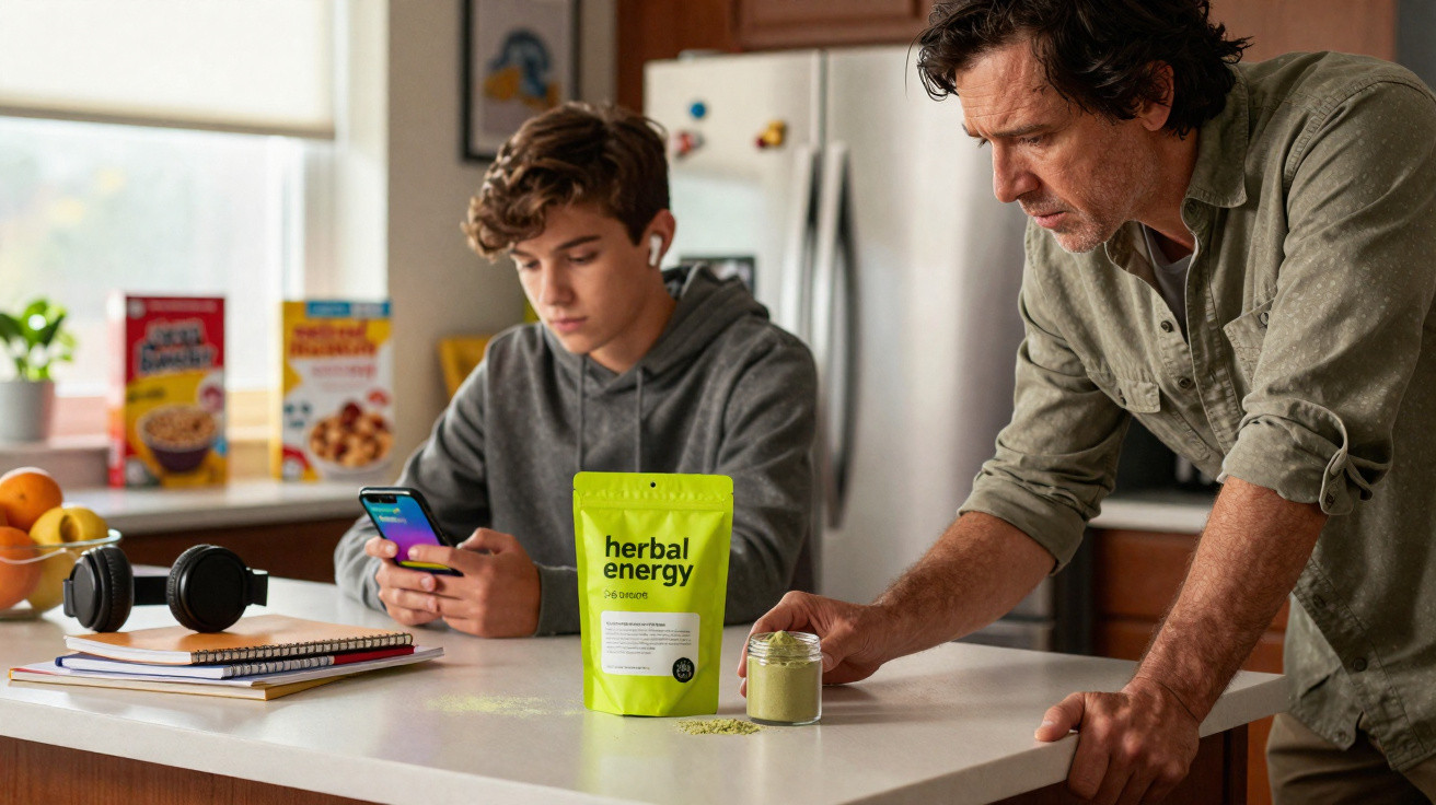 Ein Mann steht an einem Küchentresen mit Herbal Energy Pulver, ein Junge sitzt im Hintergrund mit Smartphone.