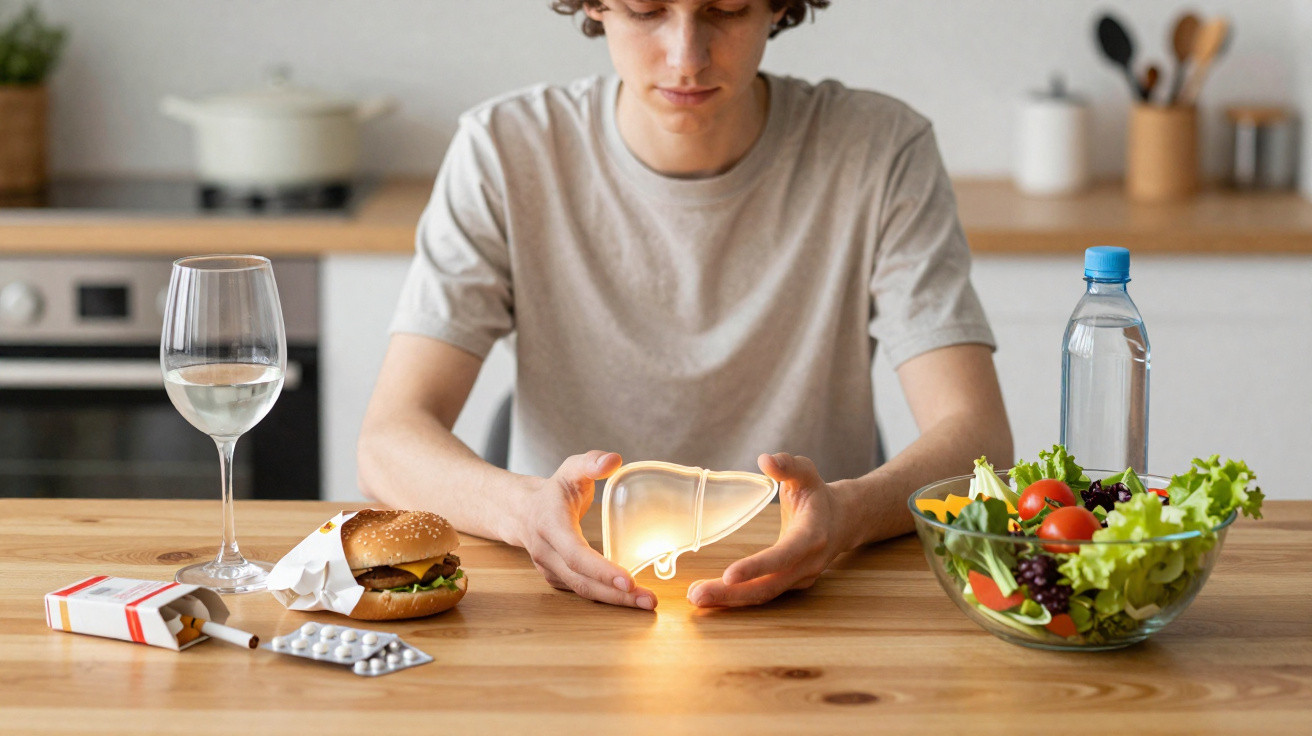 Junge am Tisch mit Leberlichtsymbol, ungesunde und gesunde Lebensmittel sowie Medikamente und Alkohol.