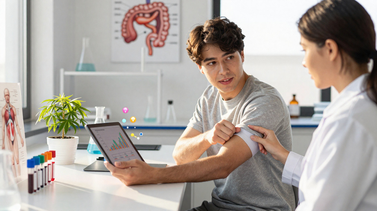 Arzt zeigt junger Mann Tablet mit Gesundheitsdaten, während er dessen Oberarm untersucht in Praxis.