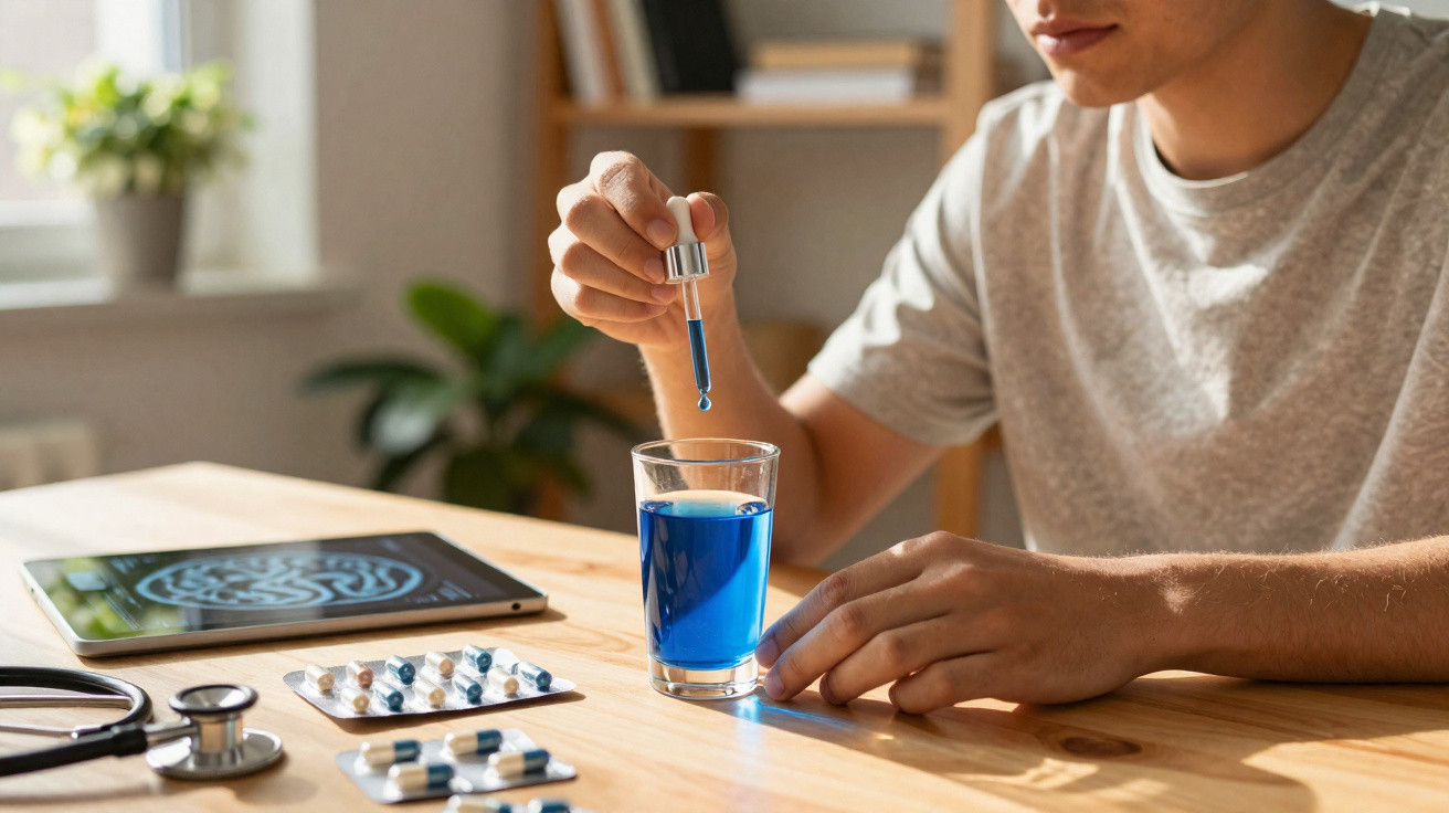 Person fügt mit einer Pipette eine blaue Flüssigkeit in ein Glas am Schreibtisch mit Medikamenten und Stethoskop hinzu.