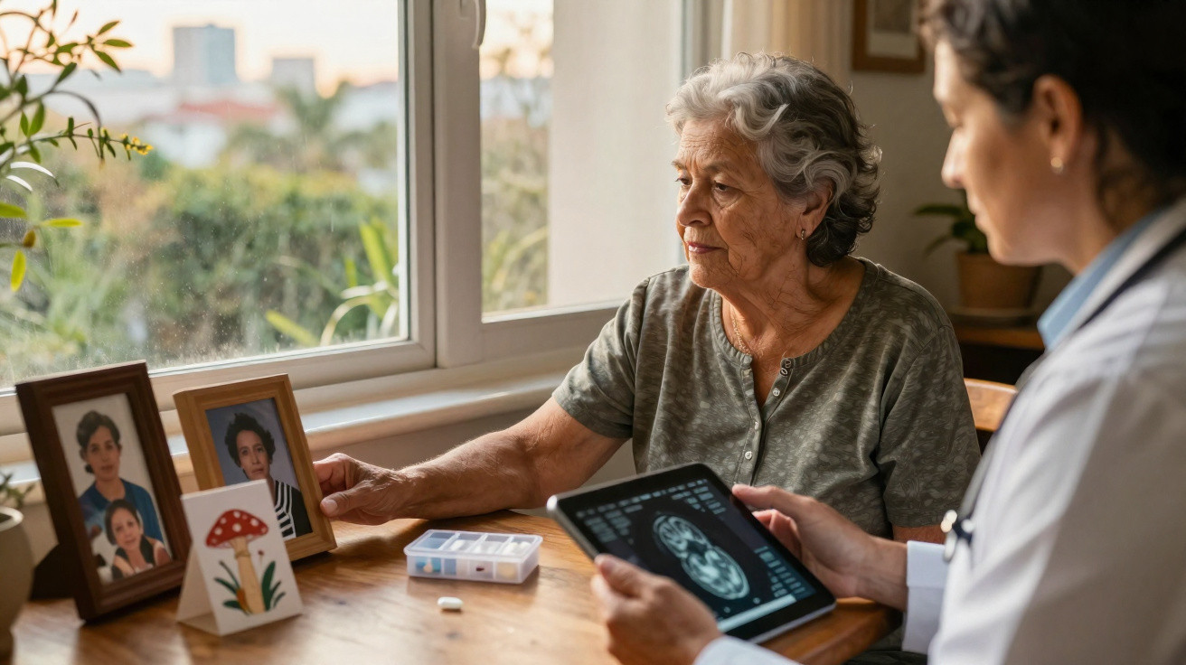 Ältere Frau spricht mit Ärztin, die Gehirn-Scan auf Tablet zeigt, Fotogalerie auf dem Tisch neben ihnen.