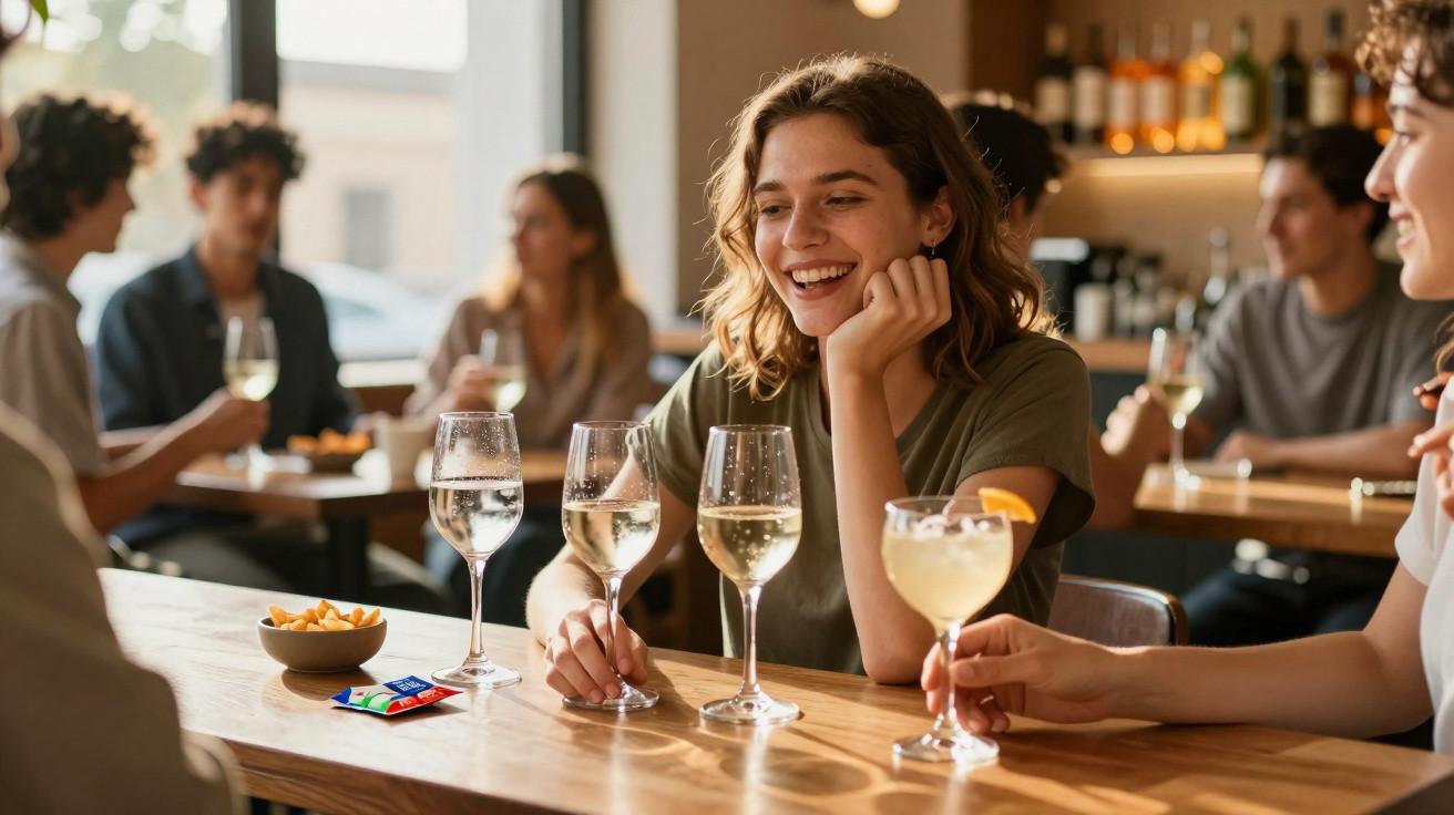 Junge Frau lacht und sitzt mit Freunden an einem holzfarbenen Tresen in einer Bar mit Drinks.