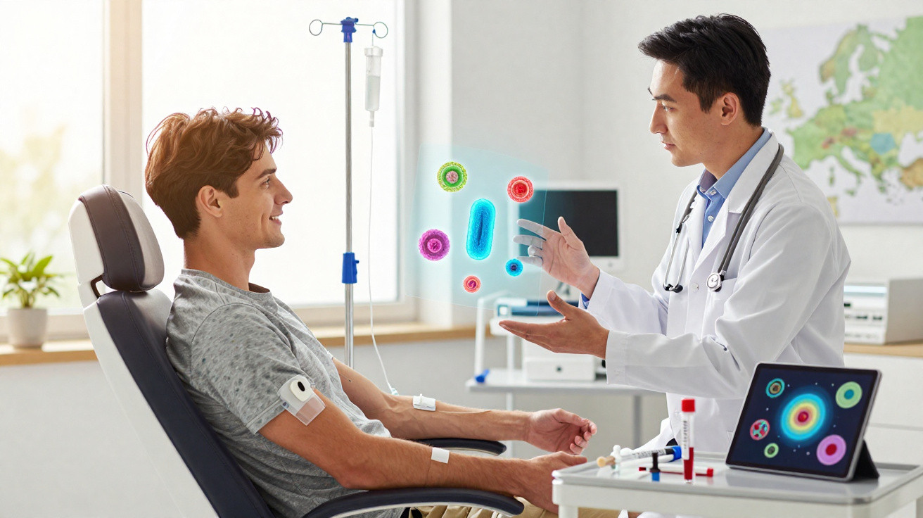 Arzt erklärt Patienten sitzend medizinische Grafiken von Mikroorganismen im Untersuchungsraum.