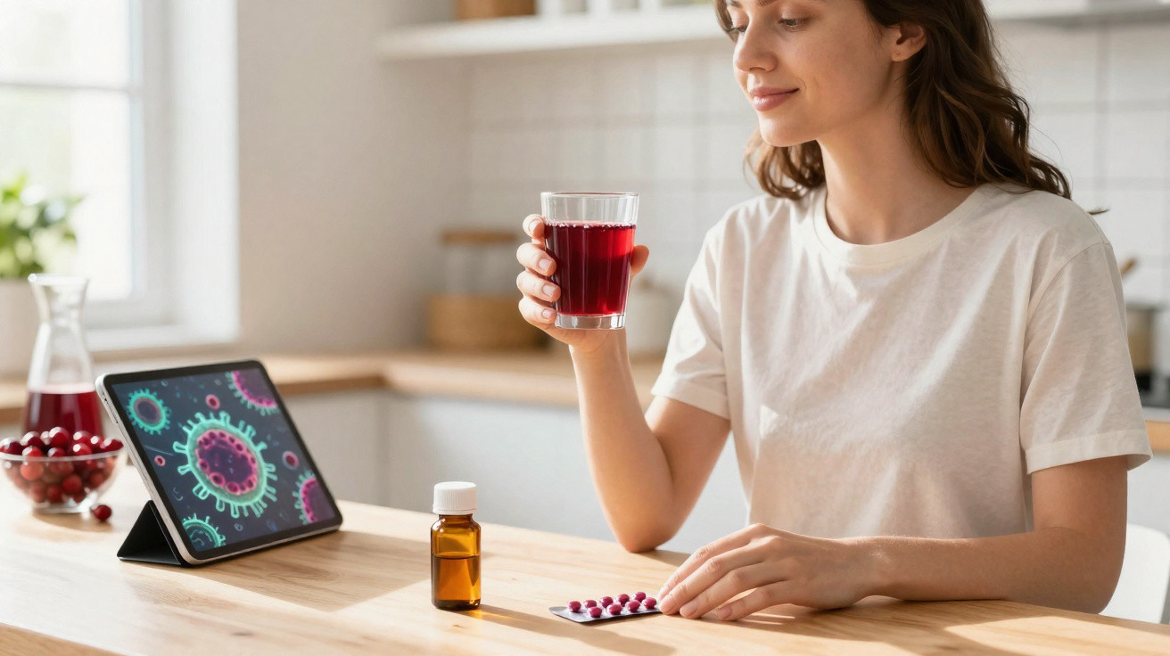 Frau trinkt Saft mit Medikamenten, Tablet zeigt Virenbild, helle Küche im Hintergrund.
