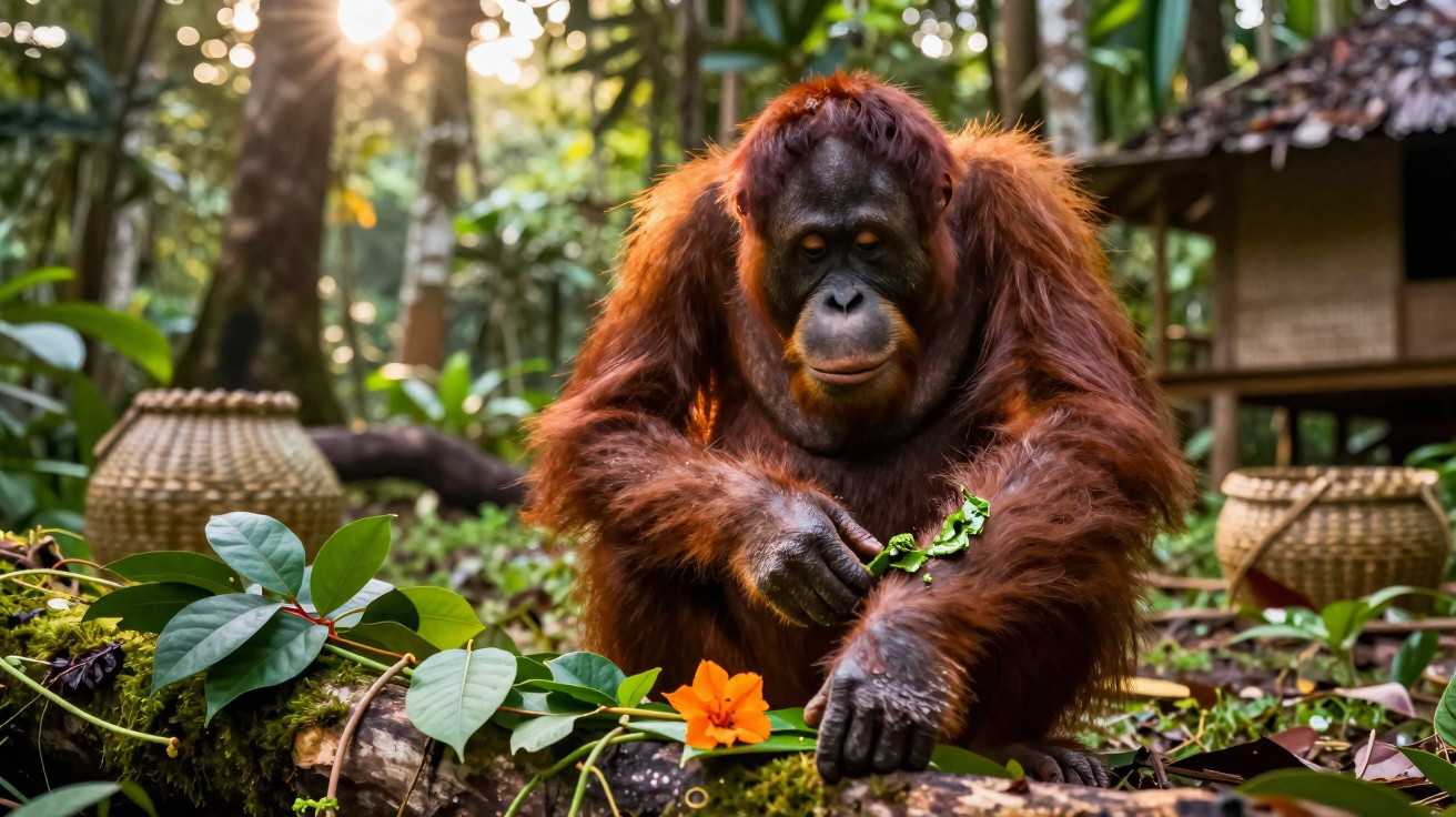 Orang-Utan sitzt im Dschungel und betrachtet grüne Blätter, umgeben von Pflanzen und Sonnenlicht im Hintergrund.