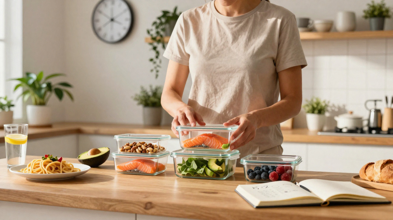 Frau packt gesunde Mahlzeiten mit Lachs, Nüssen, Beeren und Gemüse in Glasbehälter in moderner Küche.