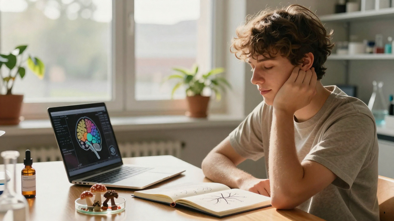Junger Mann liest in einem Buch mit Hirnzeichnungen, Laptop mit bunter Gehirngrafik im Hintergrund in hellem Raum.