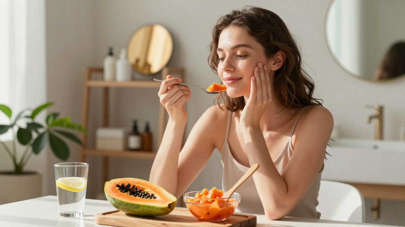 Frau genießt frisches Papaya-Fruchtfleisch aus einem Löffel in einer hellen Küche mit Glas Wasser und Spiegeln.