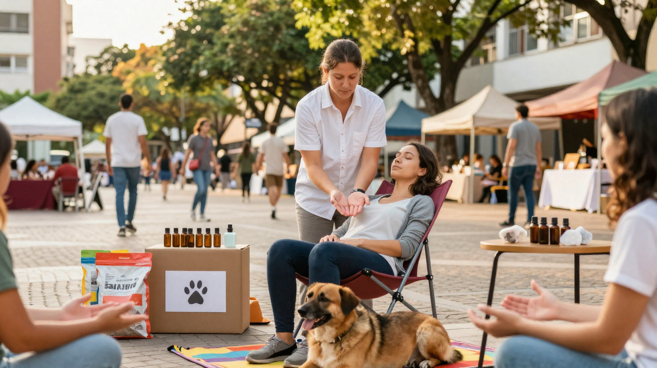 Frau misst Puls bei sitzender Frau im Freien, Hund liegt auf Decke, Marktstände im Hintergrund.