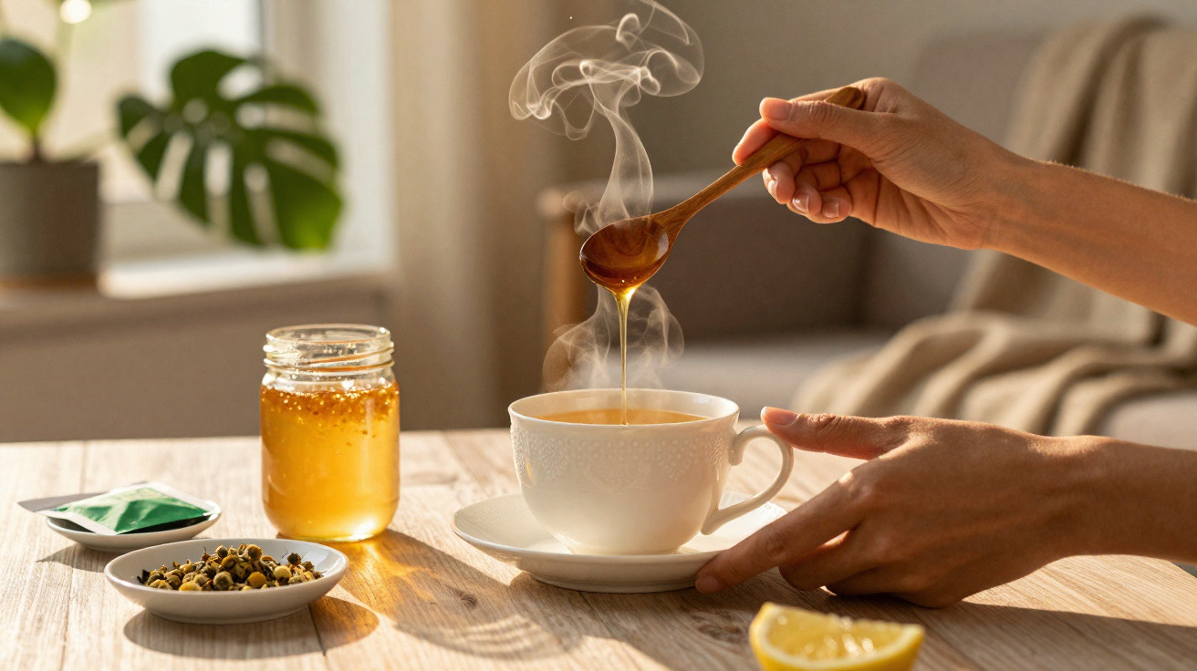 Dampfende Tasse Kräutertee, Honig wird mit Löffel hineingegossen, Zitronenstück und Teeblätter auf Holztisch.