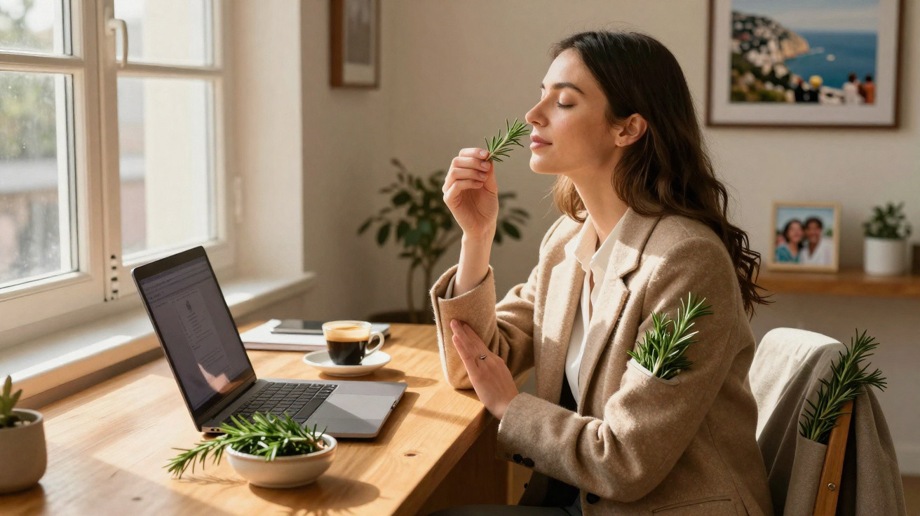 Frau sitzt am Schreibtisch, riecht an einem Zweig Rosmarin, neben ihr Laptop und Tasse Kaffee.