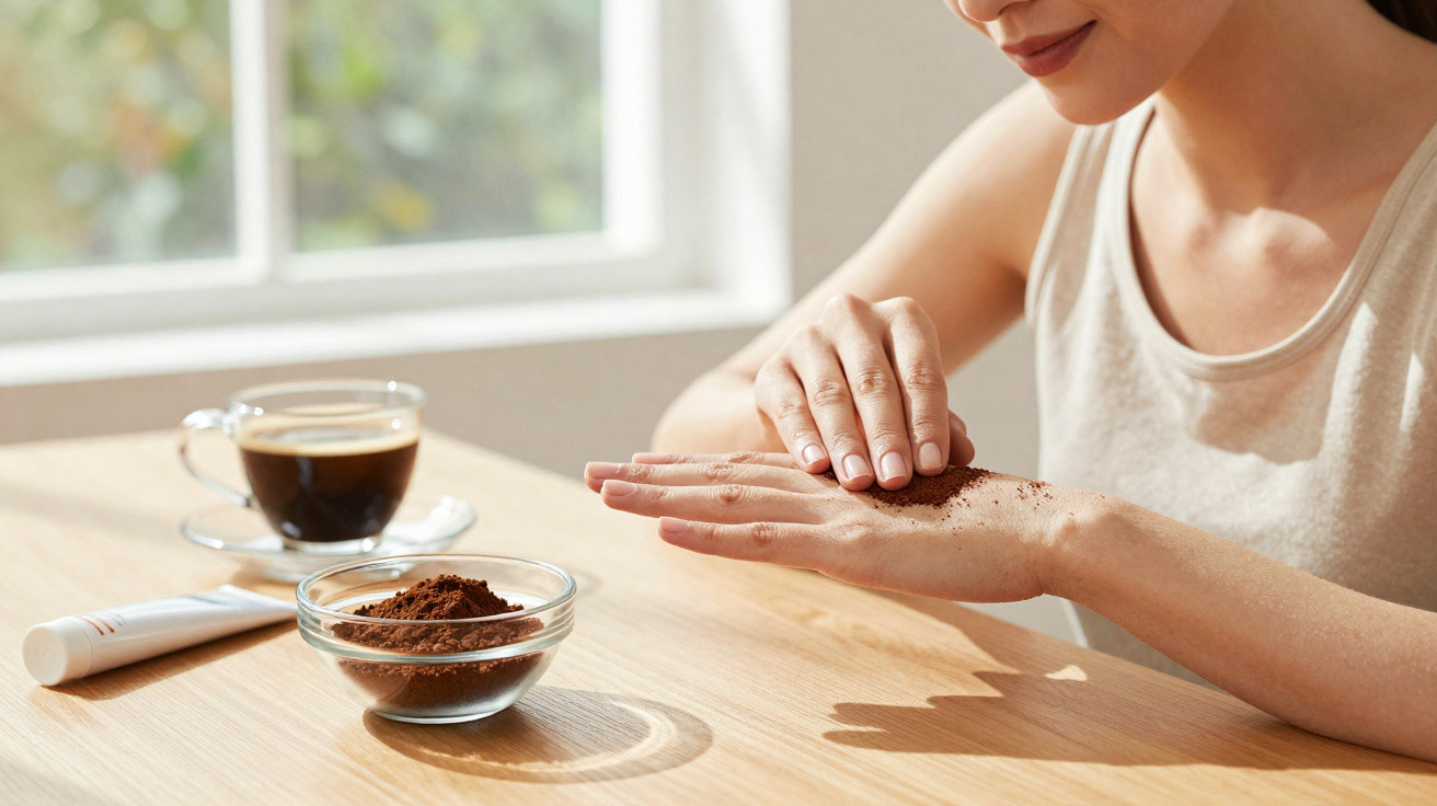 Frau trägt Kaffee-Peeling sanft auf die Hand auf, Kaffeetasse und Peeling-Schale auf dem Tisch im Hintergrund.