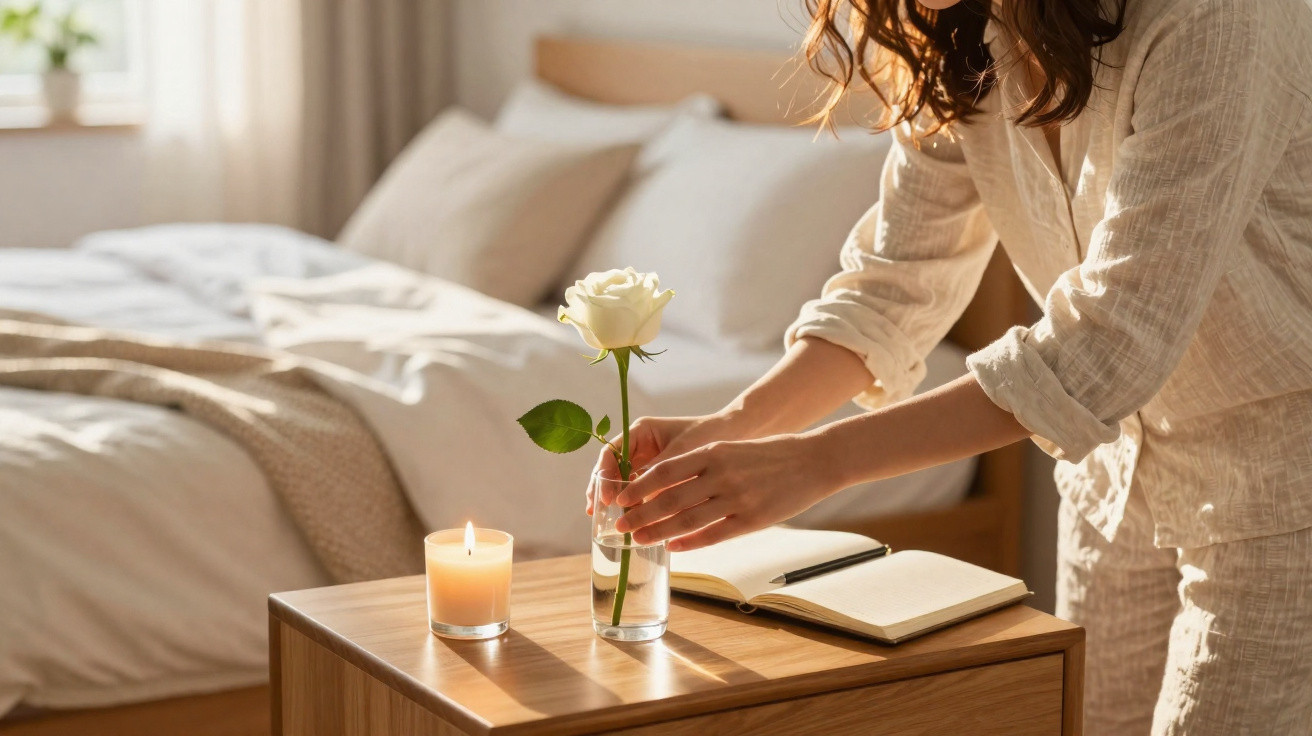Frau stellt weiße Rose in Vase auf Nachttisch neben brennender Kerze und offenem Notizbuch im Schlafzimmer.