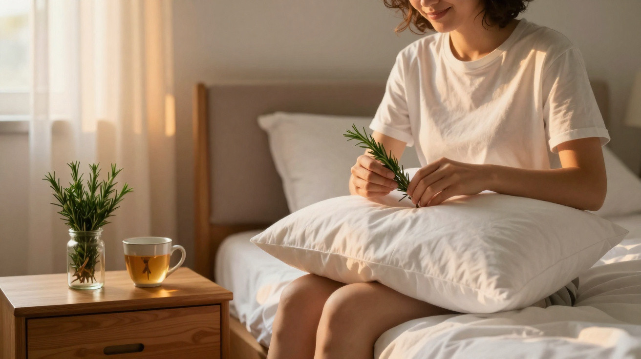 Frau sitzt auf Bett, hält Rosmarinzweige, Tisch mit Glas Rosmarin und Teetasse im warmen Morgenlicht.