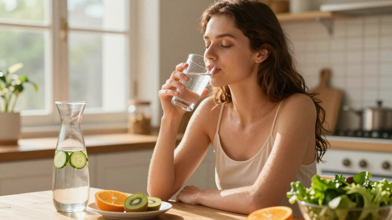 Junge Frau trinkt Wasser in der Küche, auf dem Tisch stehen Obst und ein Krug mit Gurkenscheiben.