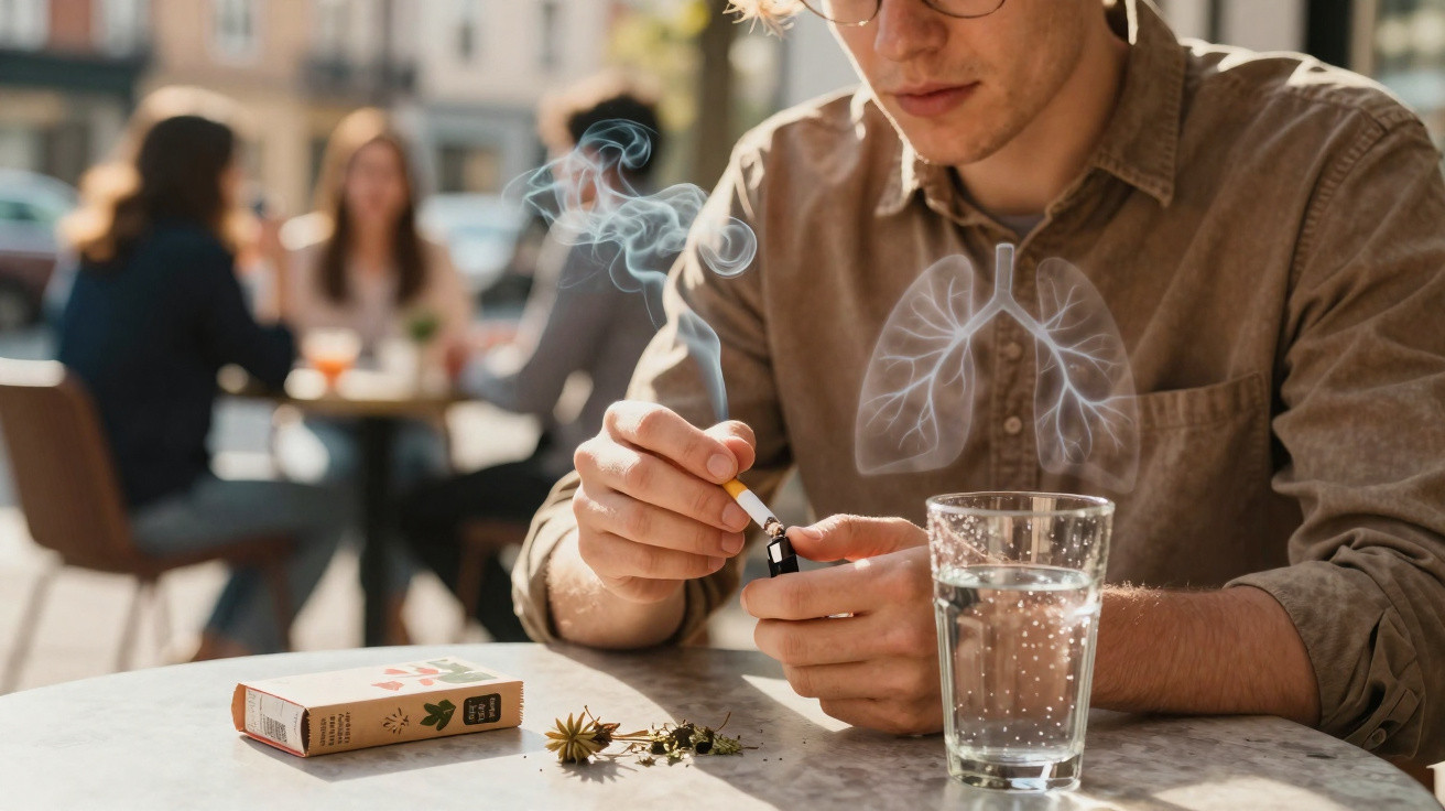 Junger Mann zündet Zigarette an, sichtbar digitales Lungenbild, Glas Wasser auf Tisch, im Hintergrund Personen im Café.