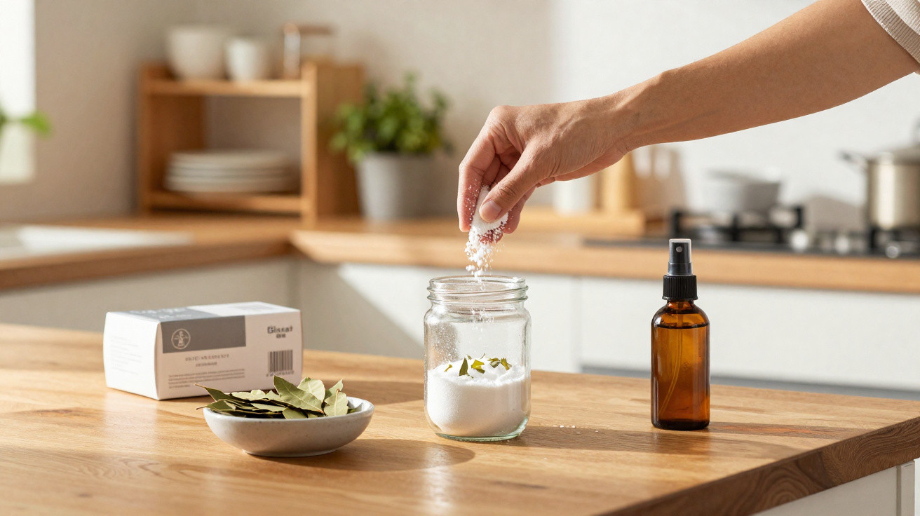 Hand streut Salz in ein Glas auf einer Holzarbeitsplatte mit Kräutern und Sprühflasche in moderner Küche.