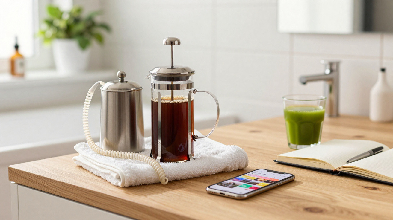 Kaffeekanne, French Press, Smartphone, Notizbuch mit Stift und grüner Saft auf Holztisch in heller Küche.