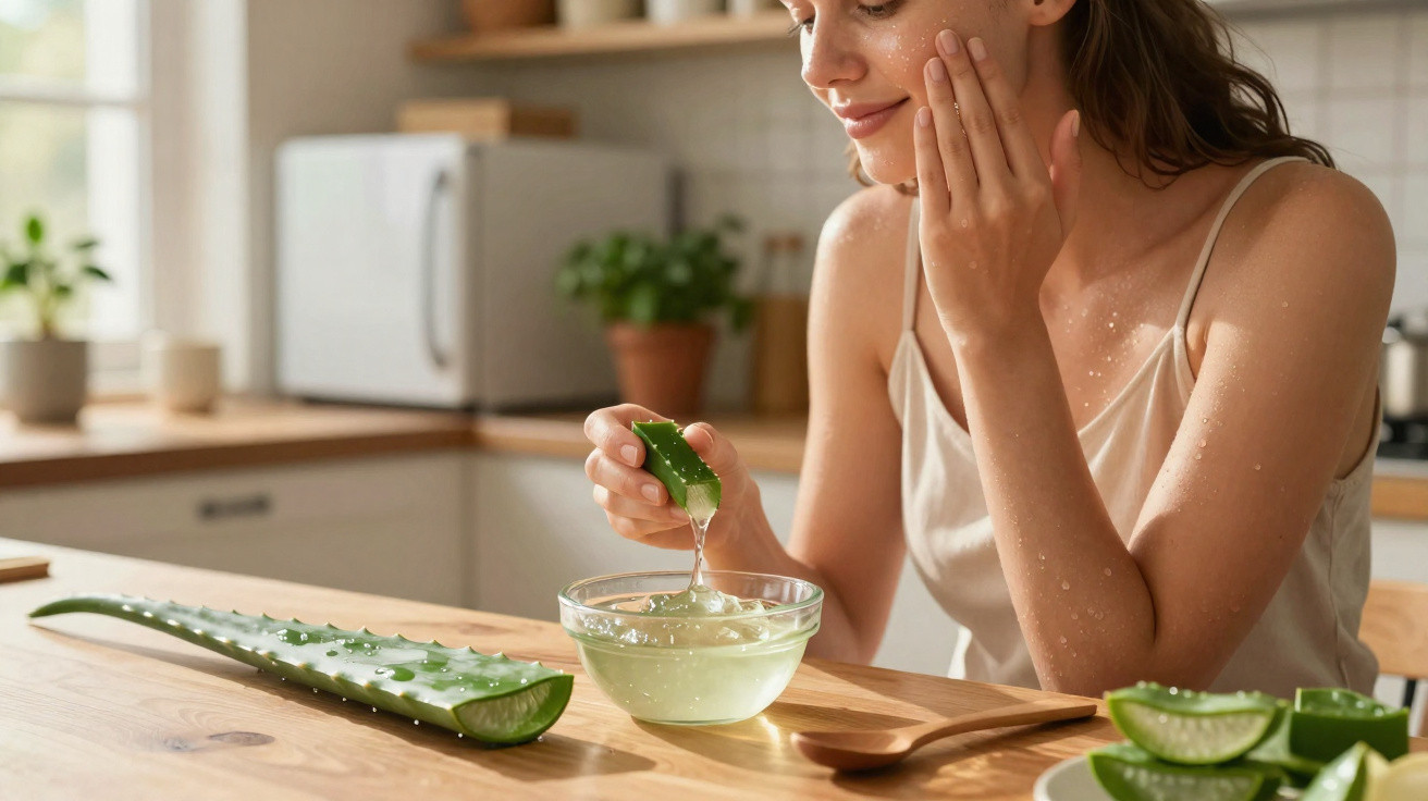 Frau trägt Aloe-Vera-Gel von einem Blatt auf ihr Gesicht auf in einer hellen Küche.