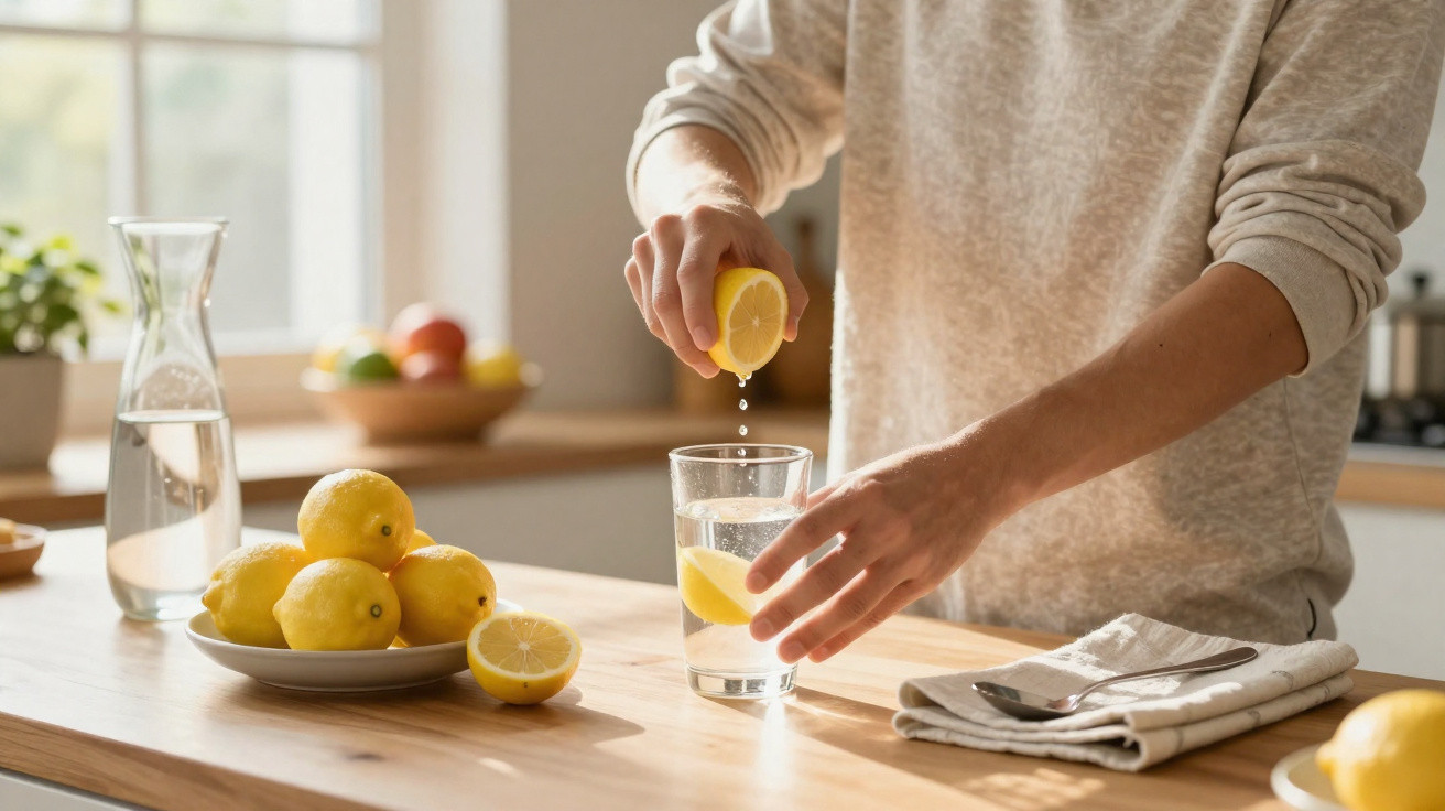 Person presst eine halbe Zitrone in ein Glas Wasser auf einer hellen Küchenarbeitsplatte.