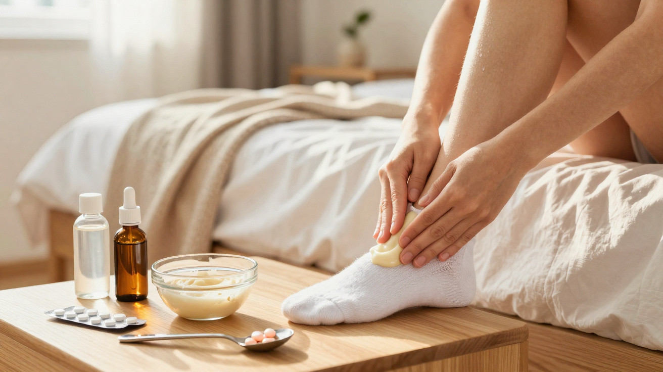 Person cremt Fuß in weißer Socke sitzend am Bett ein, verschiedene Medikamente auf Holztablett davor.