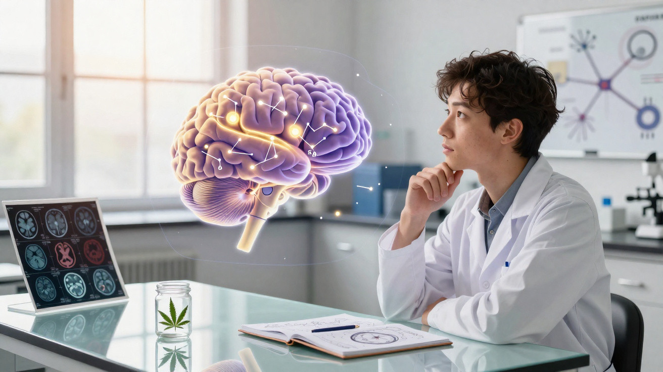 Junger Wissenschaftler analysiert digitales 3D-Modell eines Gehirns im Labor mit Cannabis und Hirnscans auf dem Tisch.