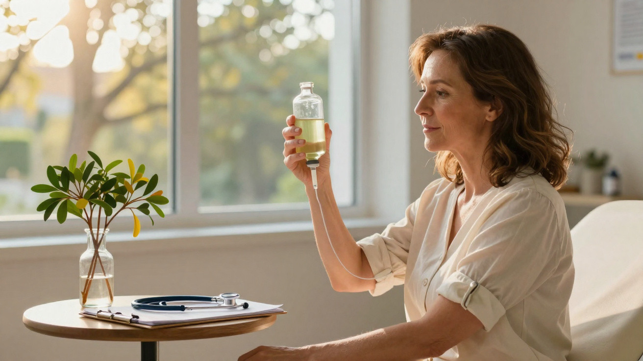 Frau bereitet zu Hause eine Infusion vor und hält die Flüssigkeitsflasche vor das Fenster.