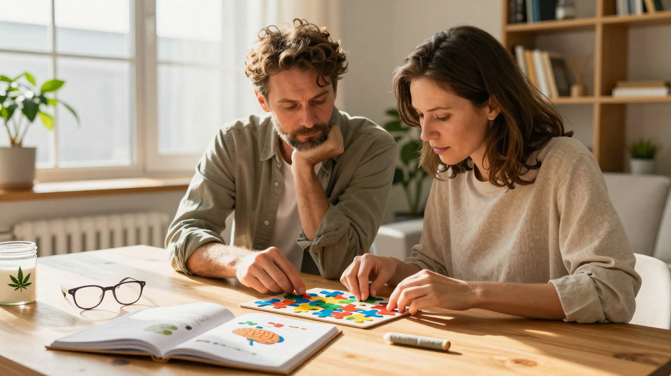 Ein Mann und eine Frau sitzen am Tisch und legen zusammen ein buntes Puzzle in einem hellen Raum.
