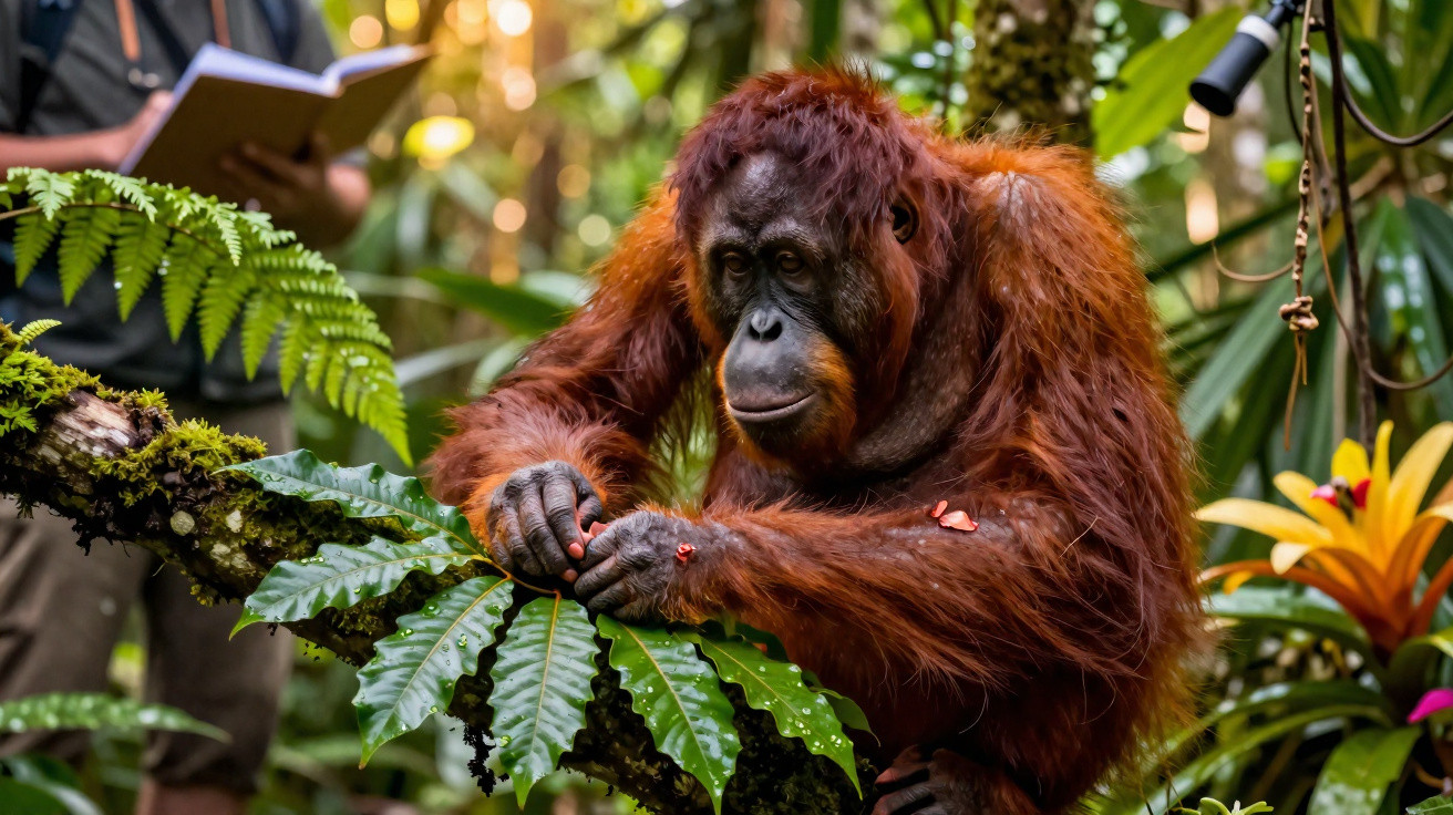 Orang-Utan sitzt im Dschungel auf einem Ast und untersucht grüne Blätter, im Hintergrund eine Person mit Notizbuch.