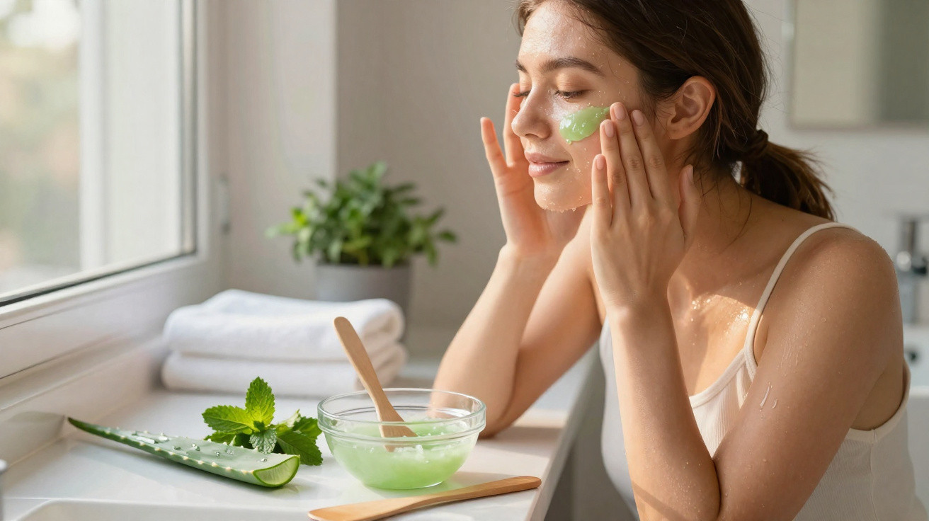Frau trägt Aloe Vera Gel auf ihre Wange auf, entspannt am Fenster mit Pflanzen und Handtüchern im Hintergrund.
