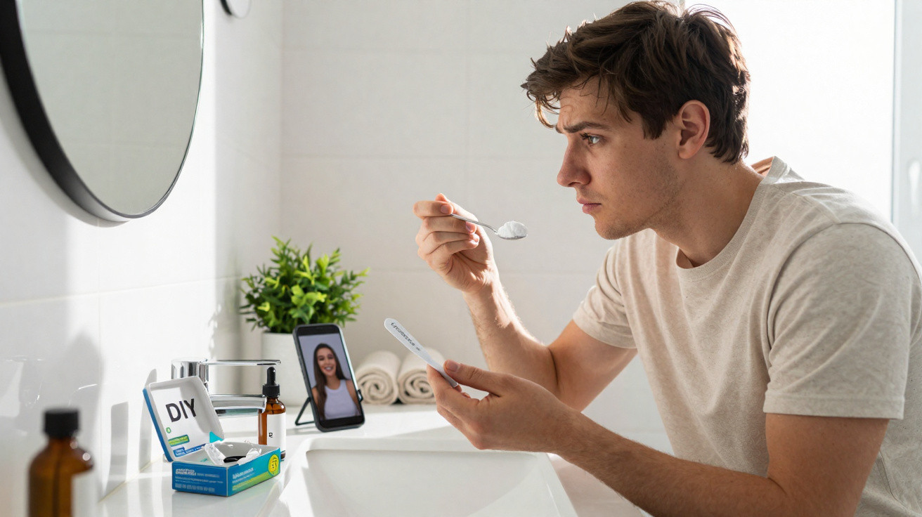 Junger Mann im Badezimmer hält Schwangerschaftstest und Löffel, schaut konzentriert auf Smartphone mit Videoanruf.