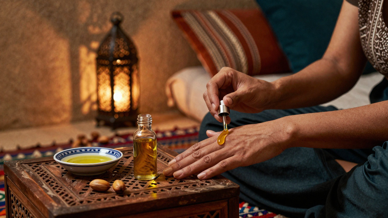 Person träufelt Öl auf die Hand vor orientalischem Holztisch mit Lampen und Kissen im Hintergrund.
