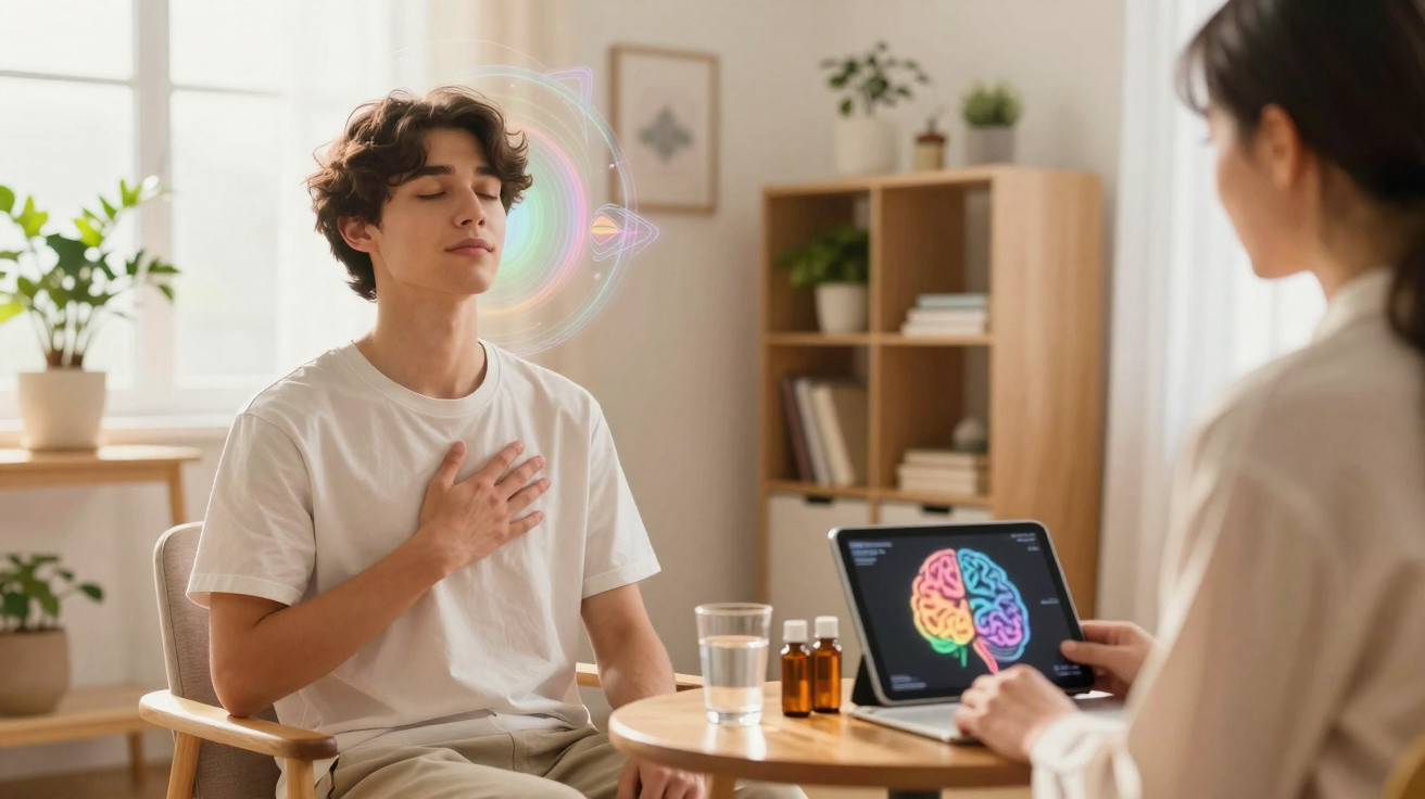 Junger Mann mit geschlossenen Augen bei Therapie, Frau zeigt Hirndiagramm auf Tablet, ruhige Atmosphäre.