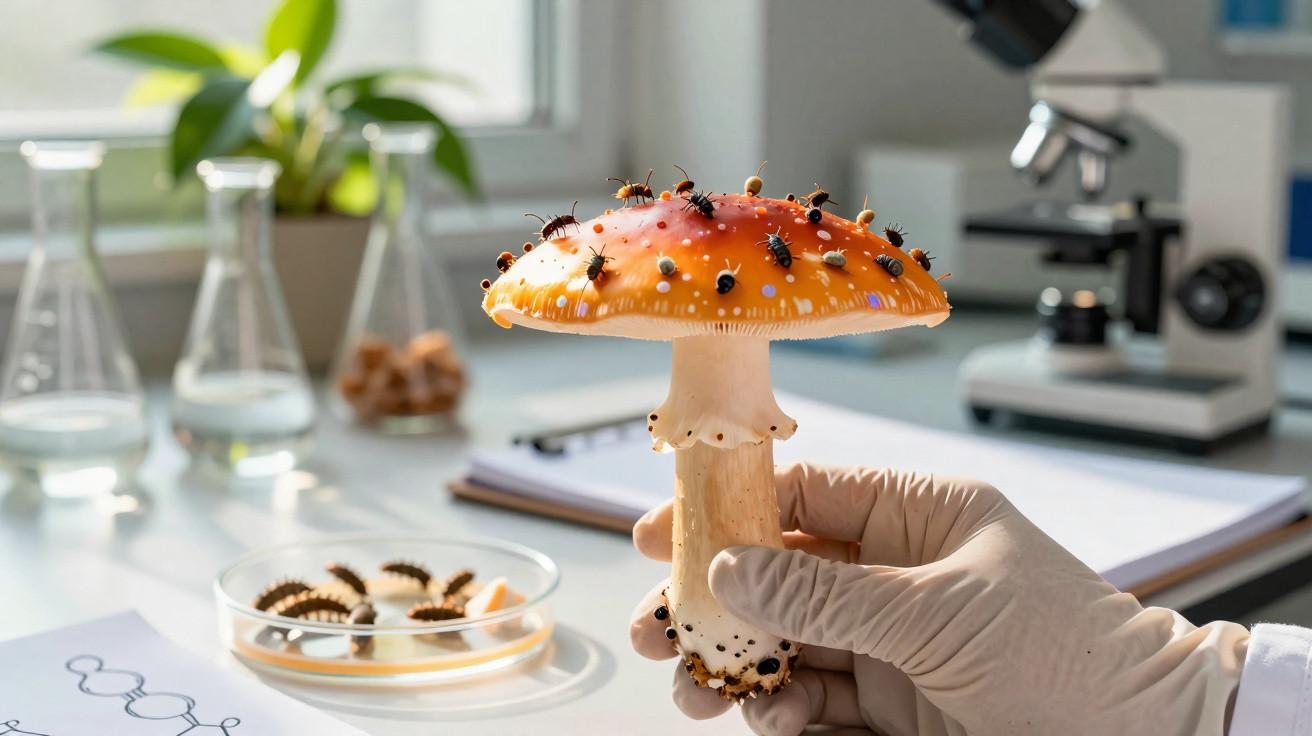 Hand mit Handschuh hält Fliegenpilz mit Käfern vor Laborhintergrund mit Mikroskop und Reagenzgläsern.