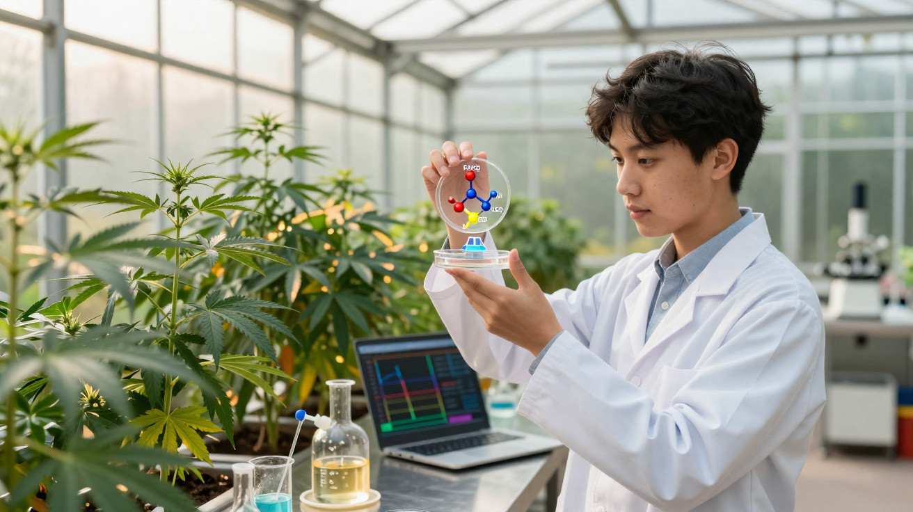 Wissenschaftlerin untersucht Molekülmodell in Gewächshaus mit Cannabispflanzen und Laborausrüstung.