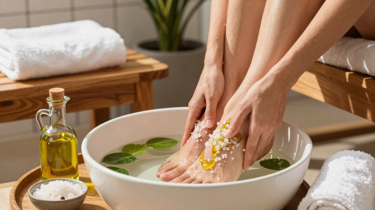 Frau pflegt Füße mit Öl und Badesalz in einer Schüssel mit Wasser und grünen Blättern, Spa-Setup.